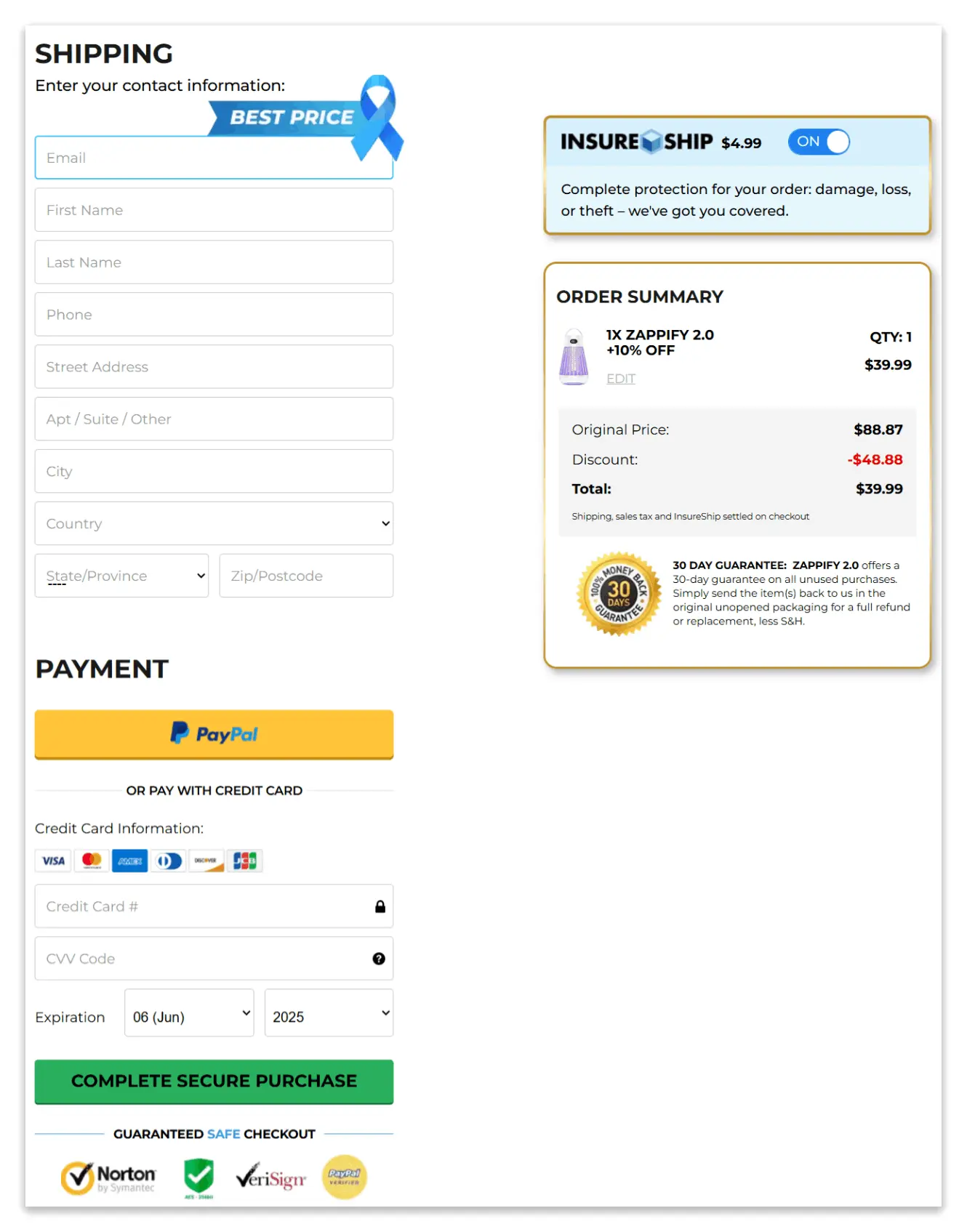 Zapshield secure checkout page